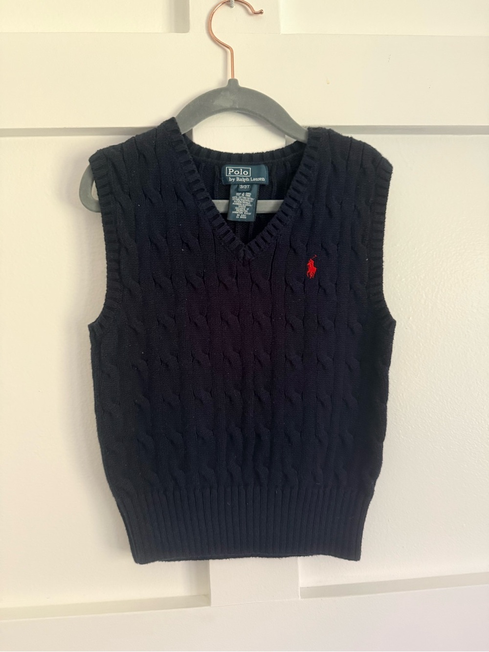 Ralph Lauren Navy Cable Knit V-Neck Sweater Vest with Red Polo Logo
